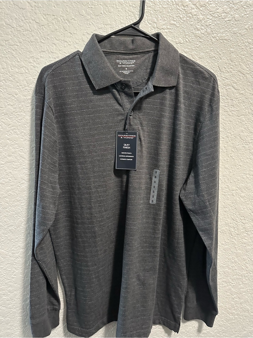 Roundtree & Yorke Men's Long Sleeve Polo Charcoal with Subtle Pinstripes